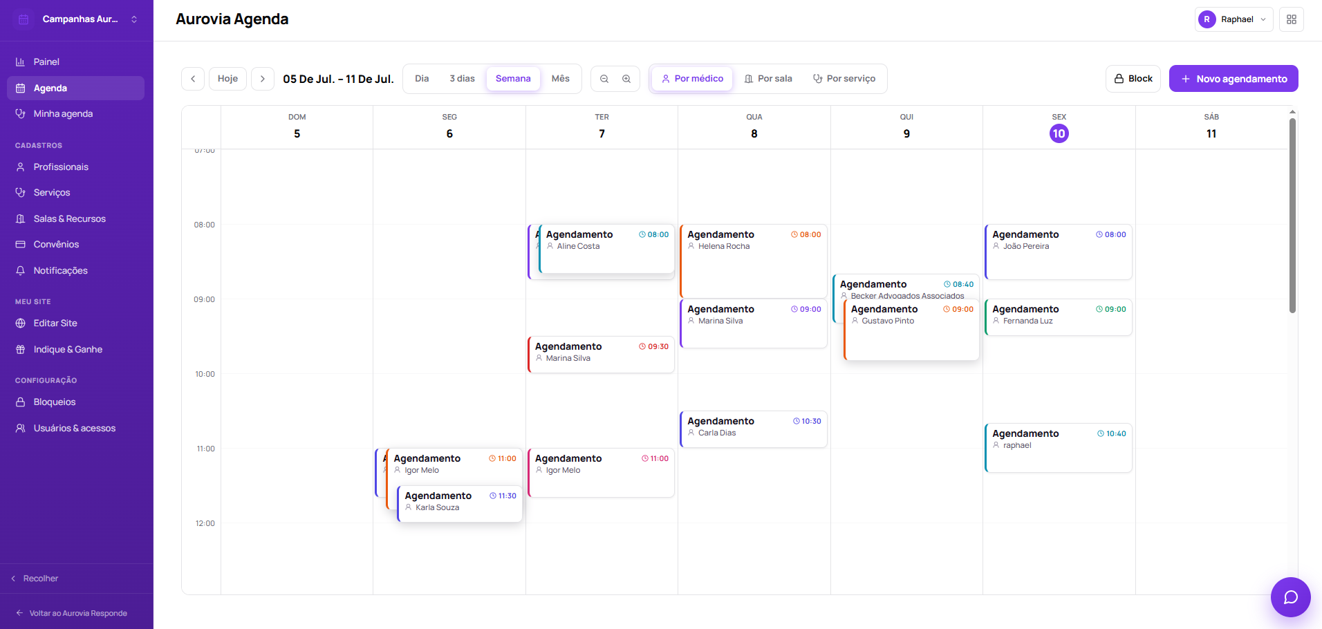 Tela da agenda Aurovia